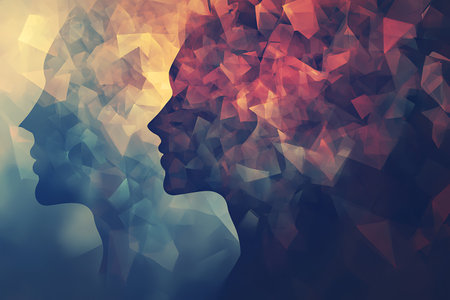 Double exposure portrait of a man and woman combined with a polygonal backgroundの素材