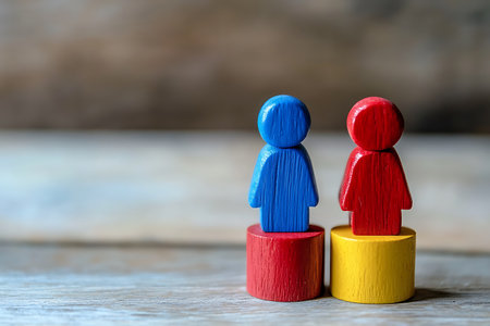 Wooden toy people on wood background, Business and teamwork concept.の素材