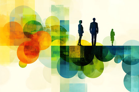 Silhouettes of business people on abstract colorful background. Teamwork conceptの素材