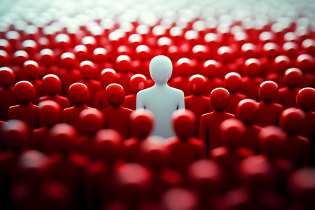 Man standing in a crowd of red people. 3D illustration.の素材