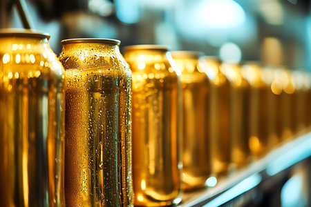 close up of beer bottles on conveyor belt in beer factory.の素材