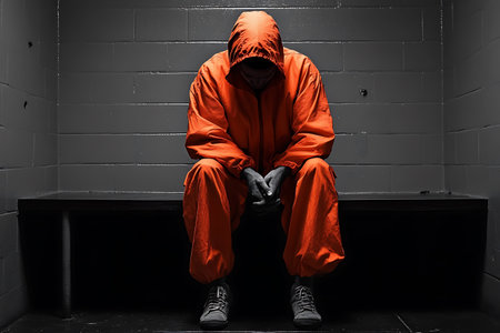 Prisoner sitting on a bench in a jail cell with a hoodの素材