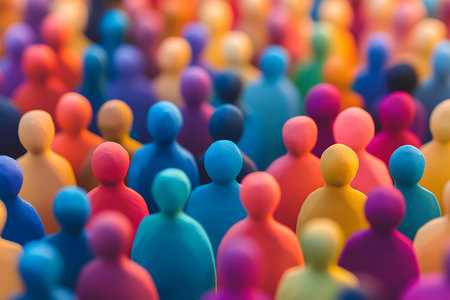 Group of colorful plastic people standing in a row. Diversity concept.の素材