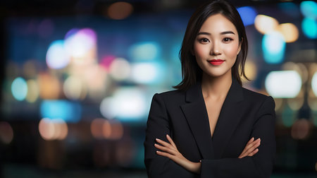Portrait of a beautiful asian businesswoman standing with arms crossed at nightの素材