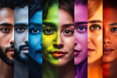 Portraits of beautiful multiethnic women and men with colorful makeupの素材