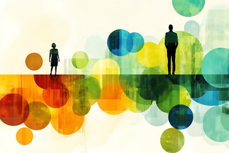 Silhouette of a man and a woman on abstract colorful backgroundの素材