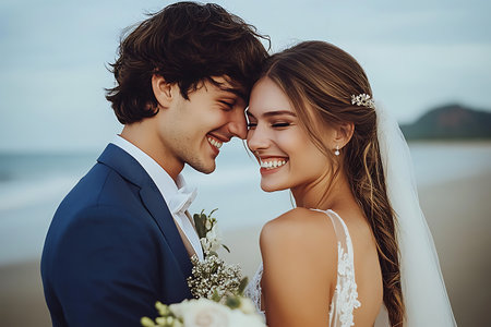 Bride and groom at wedding Day walking Outdoors on spring nature. Bridal couple, Happy Newlywed woman and man embracing on the beach. Loving wedding couple outdoor.の素材