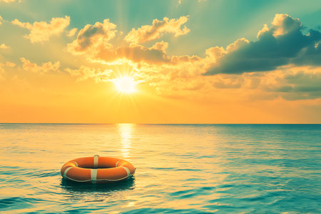 Orange lifebuoy floating in the sea at sunset. 3d renderの素材