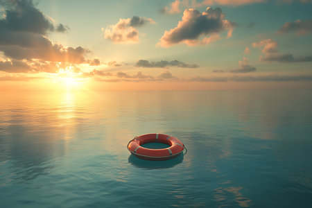 3d render of lifebuoy floating in the sea at sunsetの素材