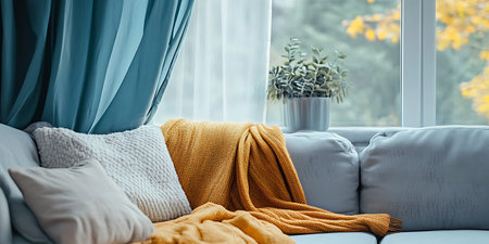 Cozy living room interior with sofa, pillows and knitted plaidの素材