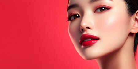 Beautiful asian woman with red lips and makeup on red backgroundの素材