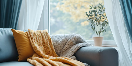 Cozy living room interior with comfortable sofa and knitted plaidの素材