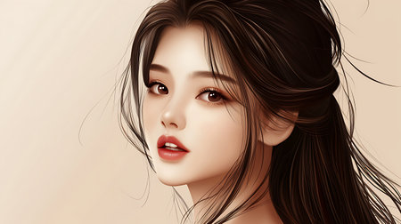 Portrait of beautiful asian woman with long brown hair. 3d renderingの素材