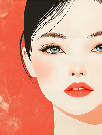 Fashion illustration of a beautiful young woman on a red background.の素材