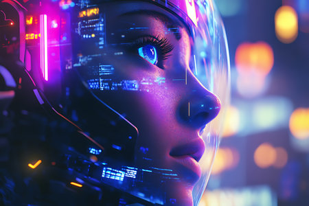 Closeup of a female robot face. 3d rendering toned image double exposureの素材