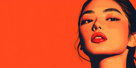 Portrait of a beautiful young woman with red lips on a red background.の素材