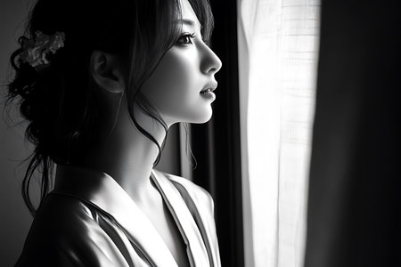 Black and white portrait of a beautiful asian woman posing near the window.の素材