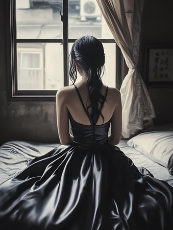 Beautiful young woman in black dress sitting on the bed in the morningの素材