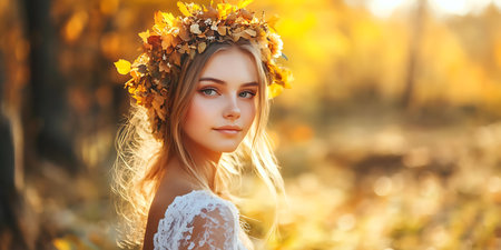 Beautiful girl in a wreath of autumn leaves on the background of the autumn forest.の素材
