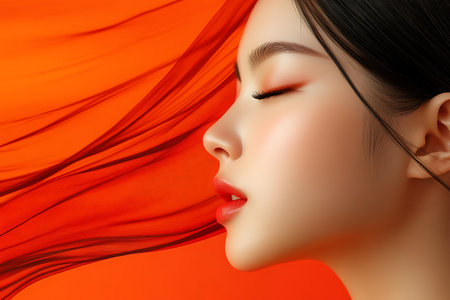 Beautiful young asian woman with red flowing hair on orange backgroundの素材