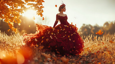 Beautiful young woman in a long red dress in the autumn forestの素材