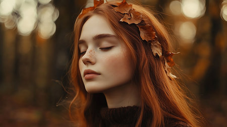 Beautiful redhead girl with autumn leaves in her hair. Beauty, fashion.の素材
