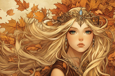Beautiful girl with autumn leaves in her hair. Vector illustration.の素材