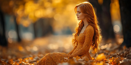 Beautiful young redhead woman in the autumn park. Beauty, fashion.の素材