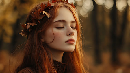 Redhead girl in a wreath of autumn leaves on her head.の素材