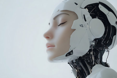 3d rendering humanoid robot head on white background, artificial intelligence conceptの素材