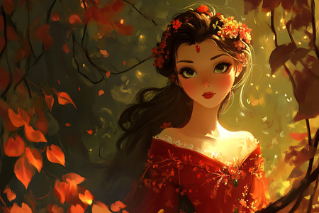 Beautiful girl in red dress among autumn leaves. Digital painting.の素材