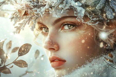 Winter beauty. Portrait of beautiful young woman in wreath of snowの素材