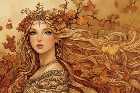 Beautiful young woman with autumn leaves in her hair. Fairy tale.の素材