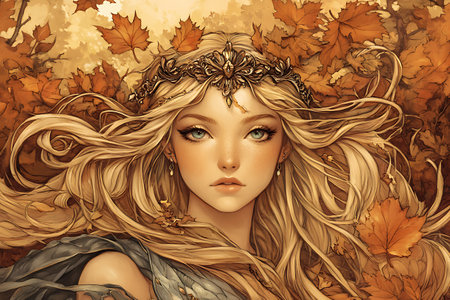 Beautiful girl in a wreath of autumn leaves. Digital illustration.の素材