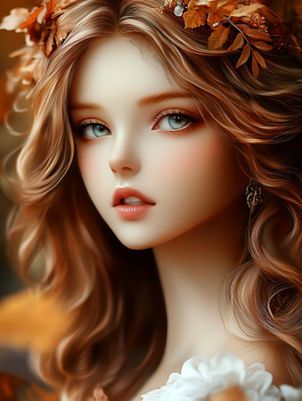 Close-up portrait of beautiful young woman with autumn leaves in her hairの素材