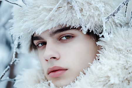 Winter portrait of a beautiful young woman in a white fur coat.の素材