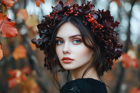 Beautiful young woman in a wreath of autumn leaves. Beauty, fashion.の素材
