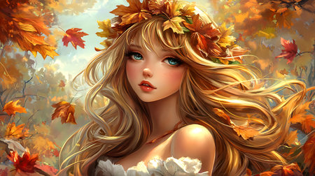 3D illustration of a beautiful blonde girl with a wreath of autumn leavesの素材