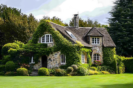 House covered with ivy in the English countryside, England, UKの素材