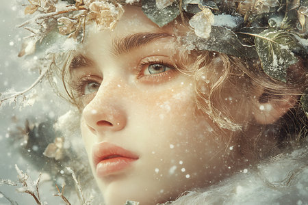 Winter portrait of beautiful young woman in wreath of snowflakesの素材