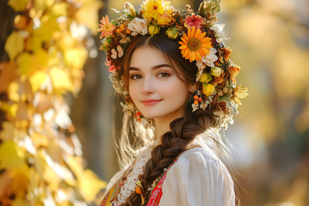Portrait of a beautiful young girl with a wreath of flowers on her head.の素材