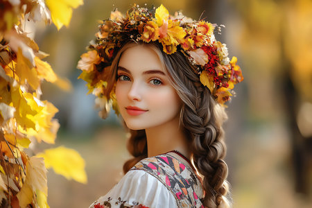 Portrait of a beautiful girl in a wreath of autumn leaves.の素材