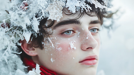 Portrait of young beautiful woman in winter forest. Close up.の素材