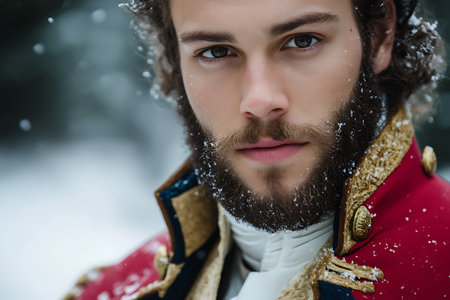 Portrait of a handsome young man in the winter forest. Men's beauty, fashion.の素材