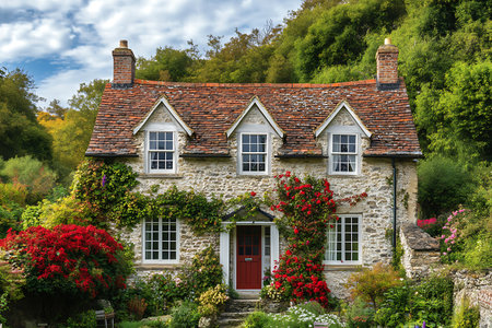 Traditional English cottage with red flowers in the foreground, England, UKの素材