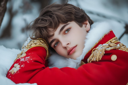 portrait of a young beautiful girl in a red coat in the winter forestの素材