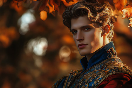 Portrait of a handsome young man in medieval costume. Autumn fashion.の素材