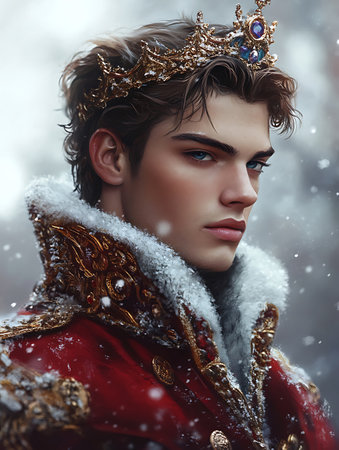Portrait of a handsome man in the winter forest. Luxury male fashion. Snow queen.の素材