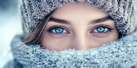 Close up portrait of a beautiful young woman in winter clothes. Beauty, fashion.の素材