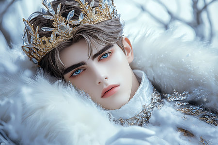 Portrait of a beautiful young woman in a white fur coat and a golden crown. Beauty, fashion. Winter.の素材
